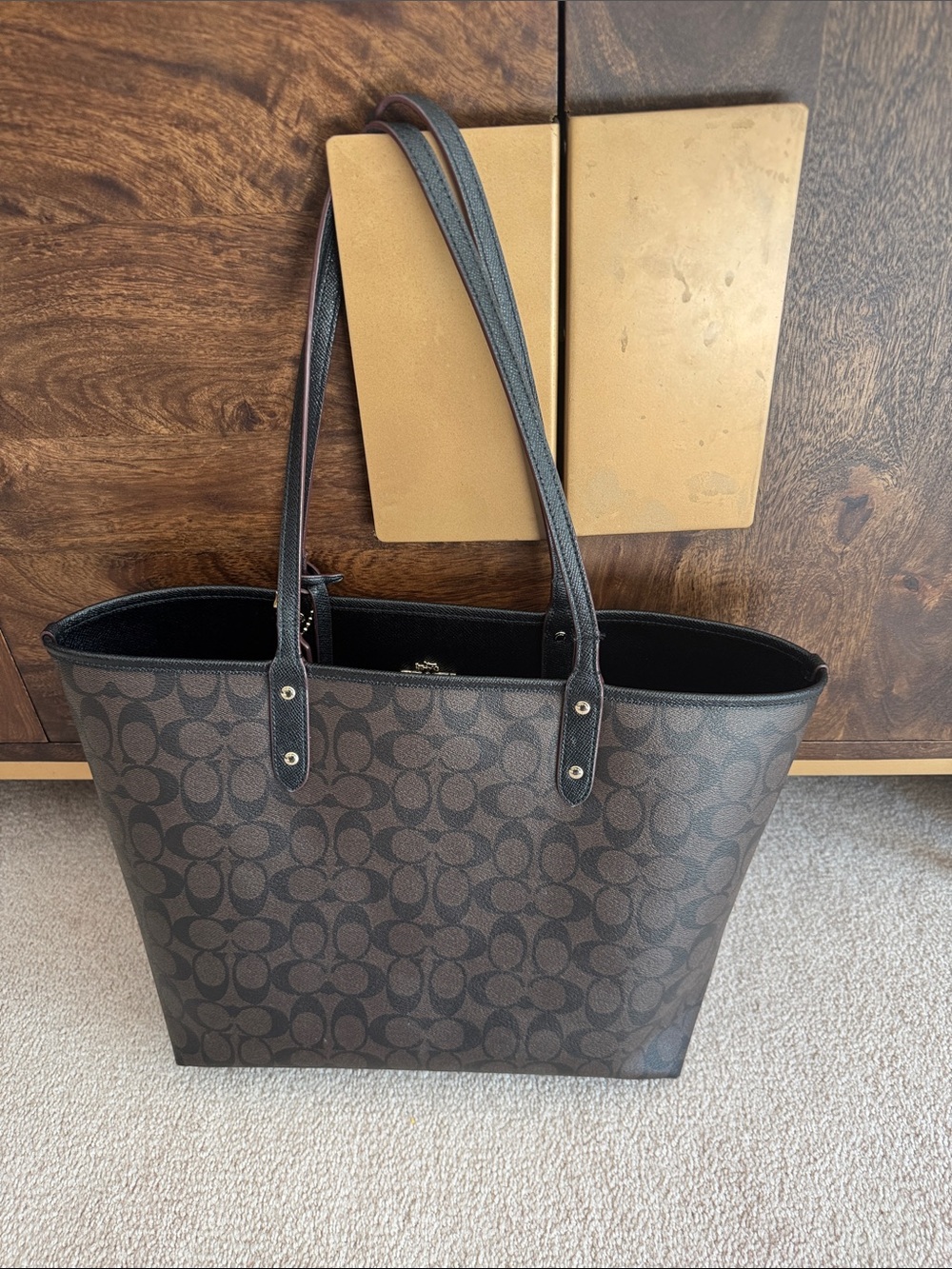 Coach Dark Brown Signature Tote with Black Trim - Picture 2 of 5